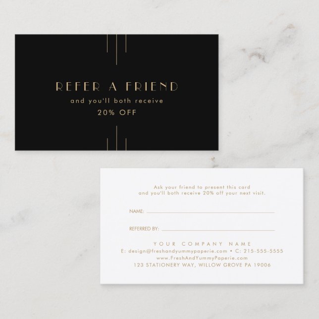 EVERLY Elegant Art Deco Black Gold Refer A Friend Referral Card (Front/Back)