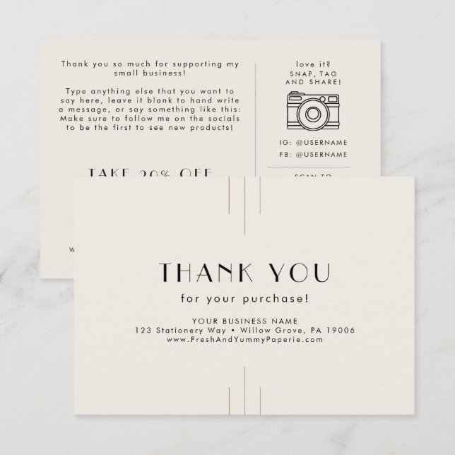 EVERLY Ivory Black Small Business Thank You Order Enclosure Card (Front/Back)