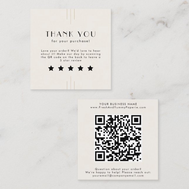 EVERLY Ivory Gold Black QR Code Leave A Review Square Business Card (Front/Back)