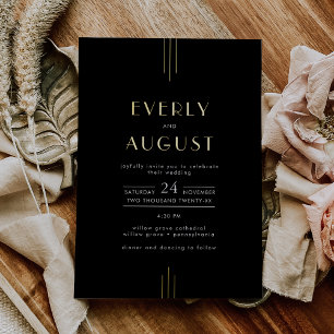 EVERLY Modern Art Deco Black and Gold Foil Wedding Invitation