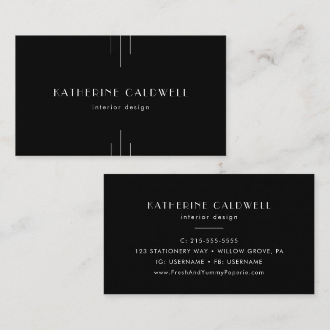 EVERLY Modern Art Deco Black and White Business Card (Front/Back)