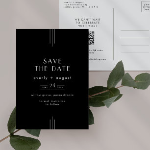 EVERLY Modern Art Deco Black Wedding Save the Date Invitation Postcard
