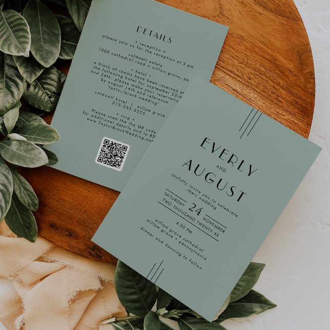 EVERLY Modern Art Deco Sage Green QR Code Wedding Invitation (EVERLY Modern Art Deco Sage Green QR Code Wedding Invitation)