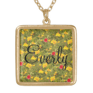 Everly name repeat pattern flower field gold plated necklace