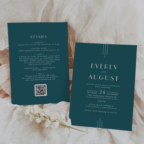 EVERLY Retro Art Deco Peacock Teal QR Code Wedding Invitation