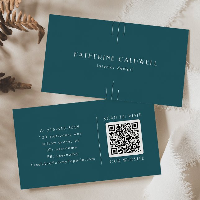 EVERLY Simple Retro Art Deco Peacock Teal QR Code Business Card (EVERLY Simple Retro Art Deco Peacock Teal QR Code Business Card)