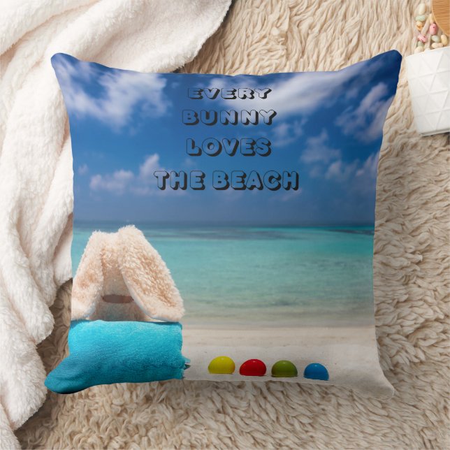 Every Bunny Loves The Beach Tropical Easter  Throw Pillow (Blanket)