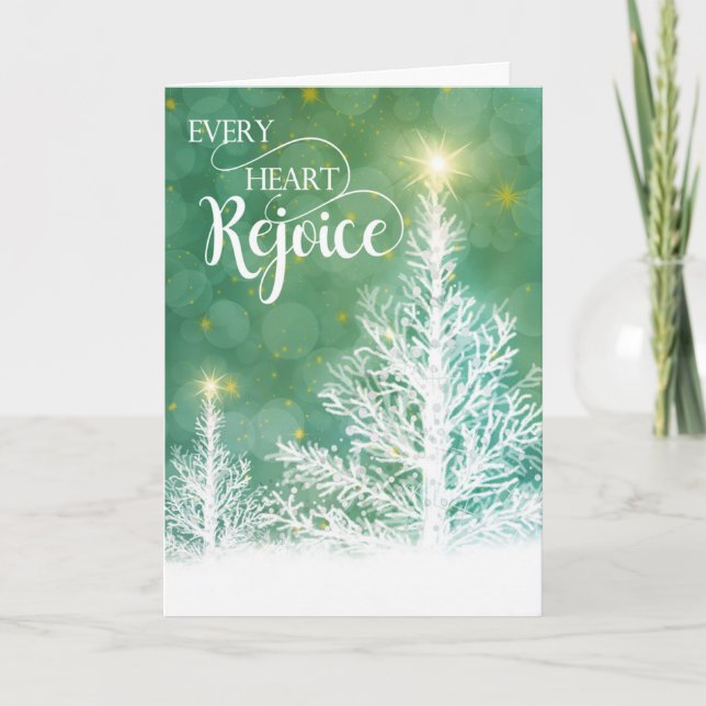 Every Heart Rejoice Winter Pine Religious Holiday Card (Front)