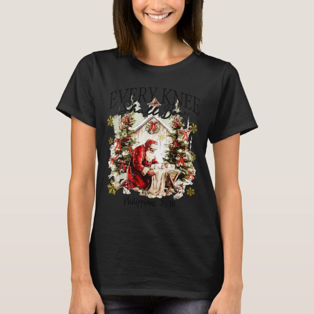 Every Knee Shall Bow Funny Kneeling Santa Baby Jes T-Shirt (Front)