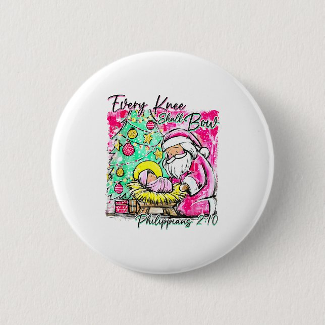 Every Knee Shall Bow Santa Christmas Nativity Scen Button (Front)