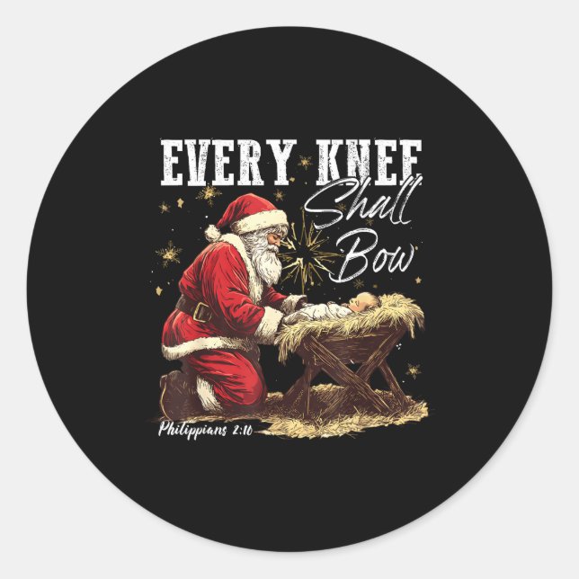 Every Knee Shall Bow Santa Christmas Nativity Scen Classic Round Sticker (Front)
