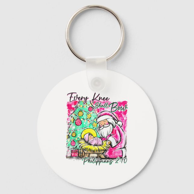 Every Knee Shall Bow Santa Christmas Nativity Scen Keychain (Front)