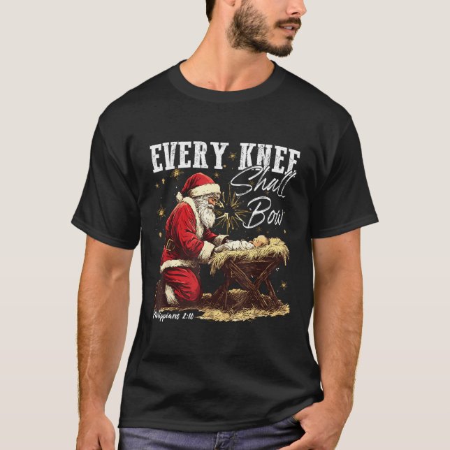 Every Knee Shall Bow Santa Christmas Nativity Scen T-Shirt (Front)