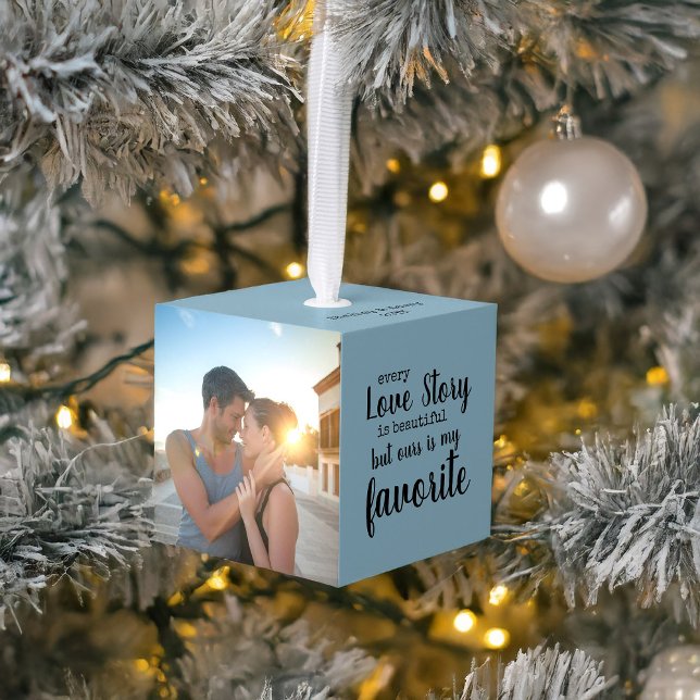 Every Love Story is Beautiful 4 Photo Cube Ornament (Romantic photo cube christmas tree ornament with pictures)
