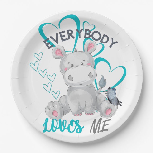 Everybody loves me | Cute Hippo Paper Plates (Front)