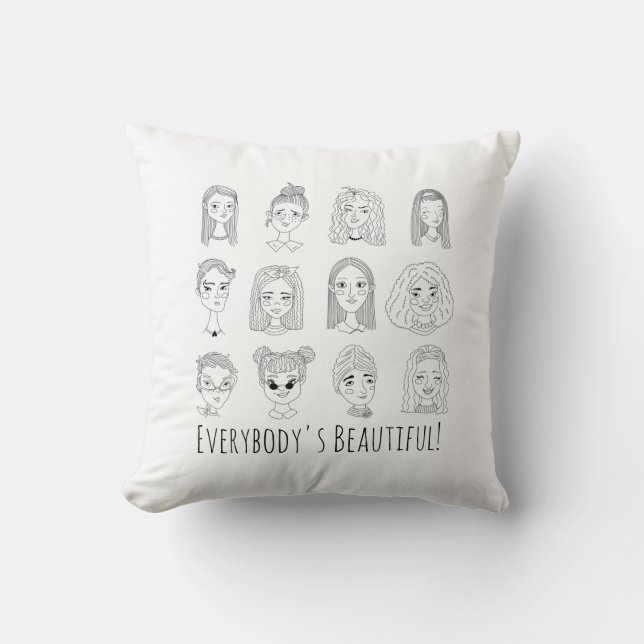 Everybody's Beautiful Feminism Doodle Art Throw Pillow (Front)
