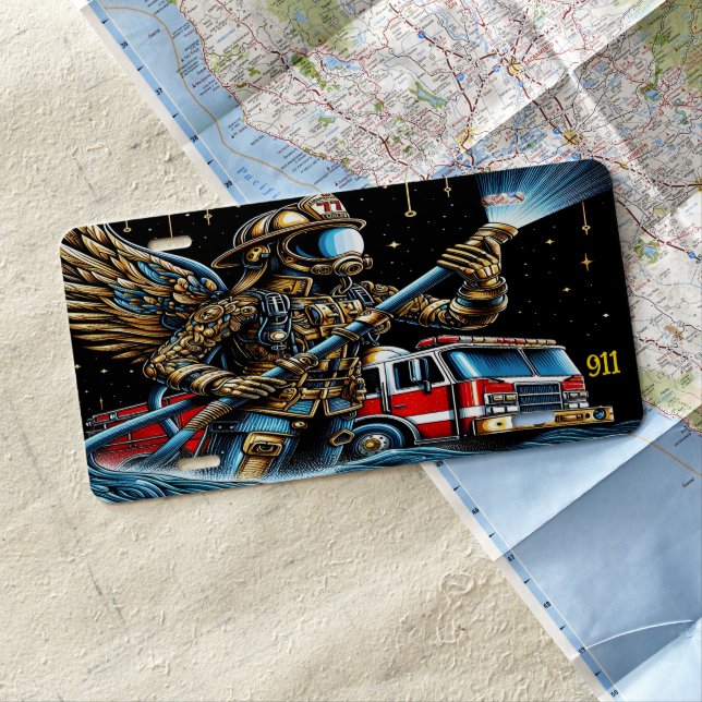 Everyday Heroes Angelic Firefighters Night Duty License Plate (In Situ)