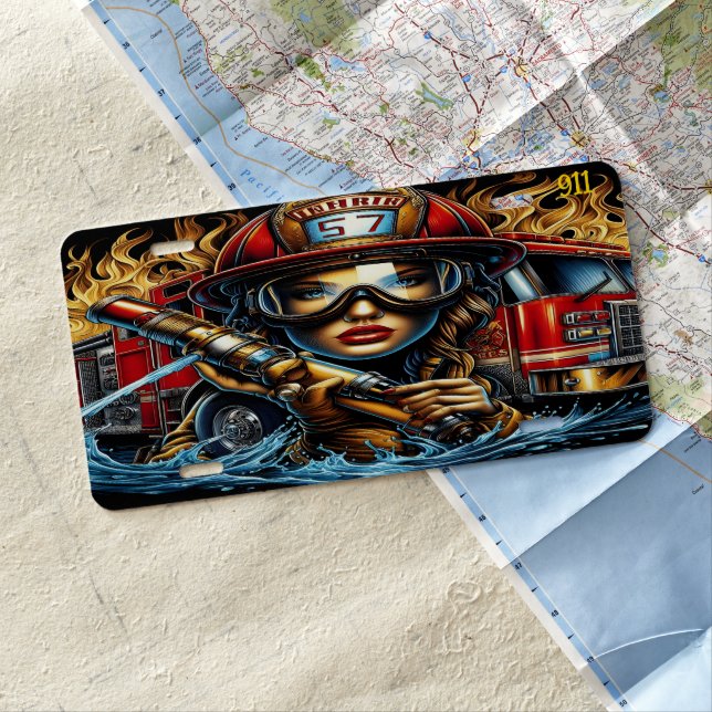 Everyday Heroes Female Firefighter Holding Hose License Plate (In Situ)