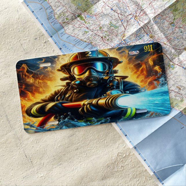 Everyday Heroes Firefighter Battling Blaze License Plate (In Situ)