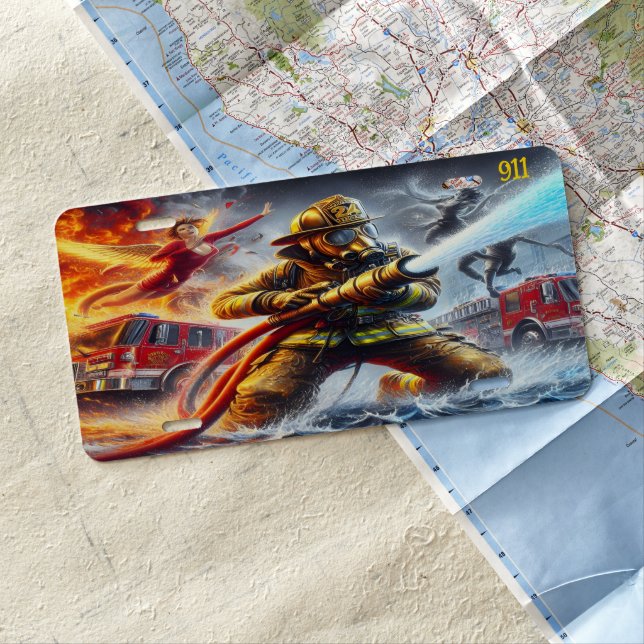 Everyday Heroes Firefighter Battling Blazes License Plate (In Situ)