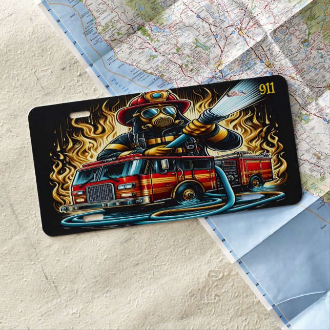 Everyday Heroes Firefighter Battling Flames License Plate (In Situ)