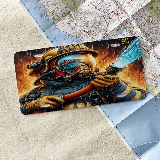 Everyday Heroes Firefighter Battling Flames License Plate (In Situ)