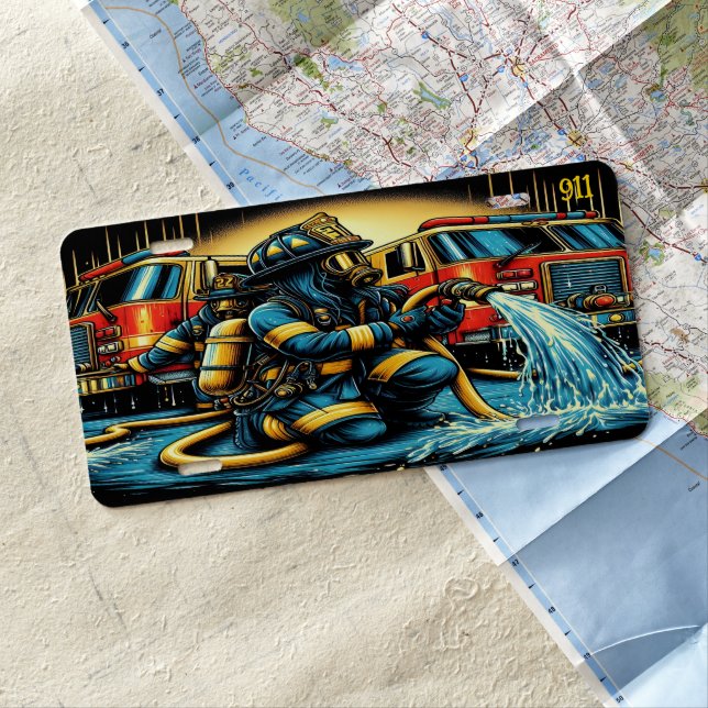 Everyday Heroes Firefighter Sprinkling Water License Plate (In Situ)