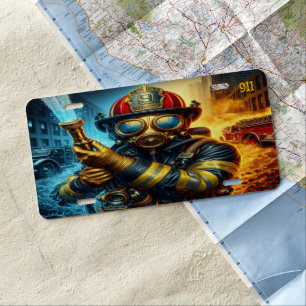 Everyday Heroes Firefighter With Hose And Mask License Plate
