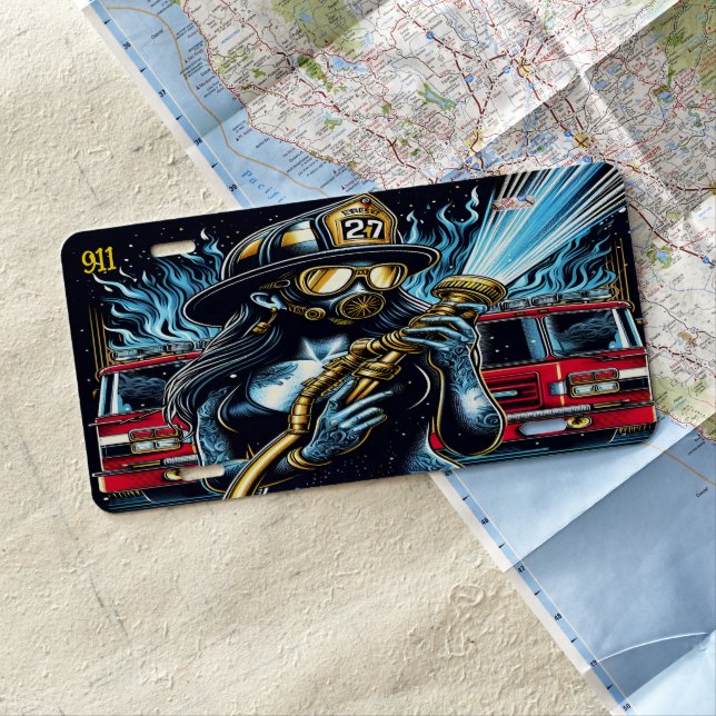 Everyday Heroes Firefighter Woman Holding Hose License Plate (In Situ)