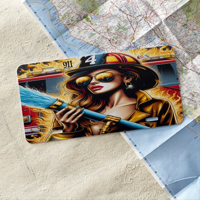 Everyday Heroes Firefighter Woman With Hose License Plate (In Situ)