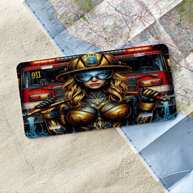 Everyday Heroes Firefighter Woman With Hose License Plate (In Situ)