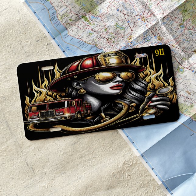 Everyday Heroes Firefighter Woman With Truck License Plate (In Situ)