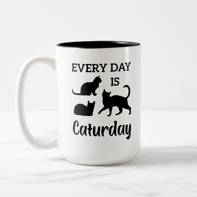 Everyday Is Caturday Funny Crazy Cat Two-Tone Coffee Mug (Left)