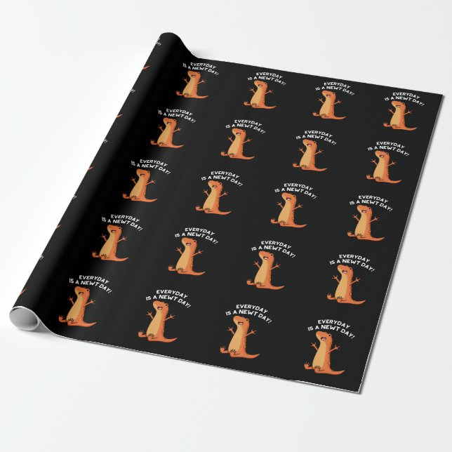 Everyday's A Newt Day Salamander Pun Dark BG Wrapping Paper (Unrolled)