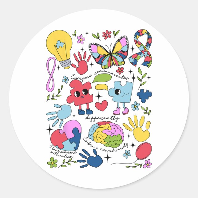 Everyone Communicates Differently Autism Awareness Classic Round Sticker (Front)
