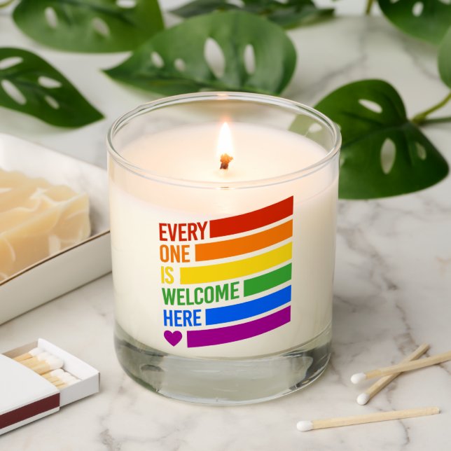 Everyone is Welcome Here Pride Flag Scented Candle (Lit)