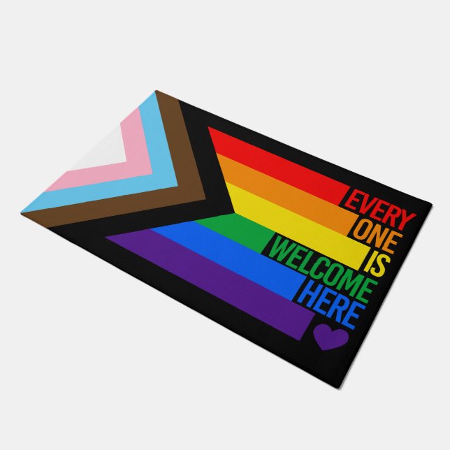 Everyone is Welcome Here (Progress Pride) Flag Ban Doormat (Angled)