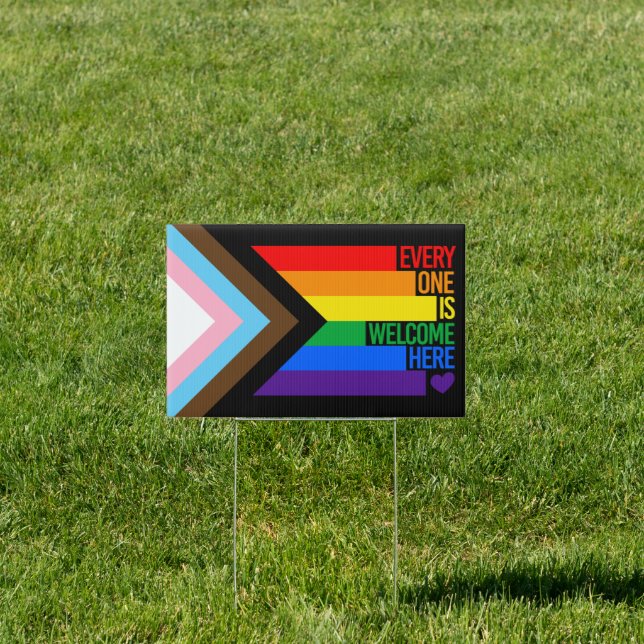 Everyone is Welcome Here (Progress Pride) Flag Sign (Insitu)