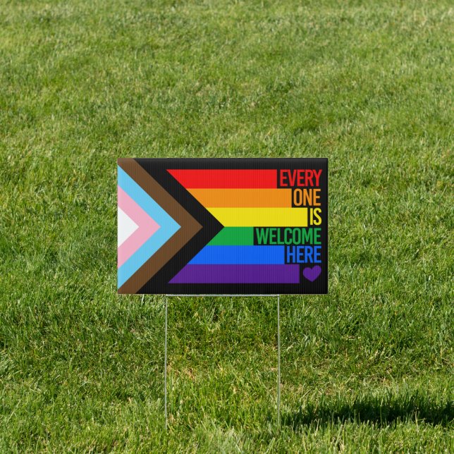 Everyone is Welcome Here (Progress Pride) Flag Sign (Insitu)