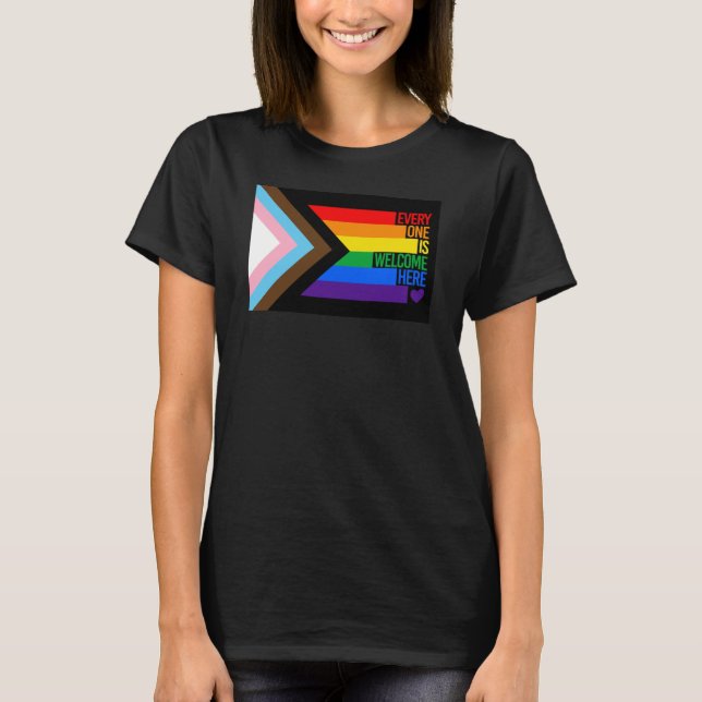 Everyone is Welcome Here (Progress Pride) Flag T-Shirt (Front)