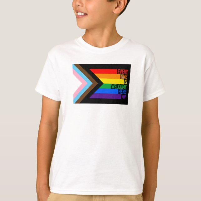 Everyone is Welcome Here (Progress Pride) Flag T-Shirt (Front)