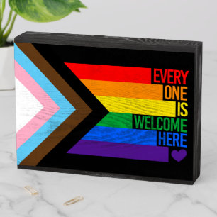 Everyone is Welcome Here (Progress Pride) Flag Wooden Box Sign