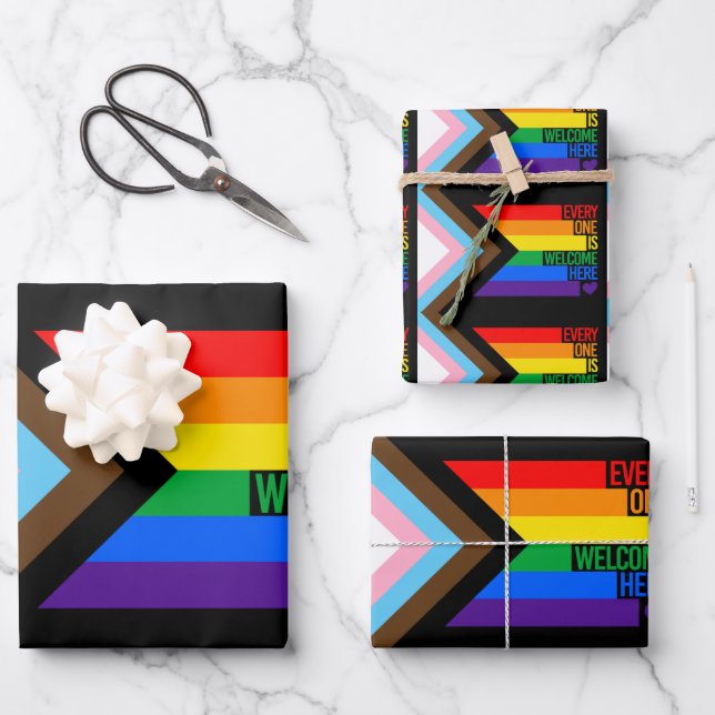 Everyone is Welcome Here (Progress Pride) Flag Wrapping Paper Sheets (Front)