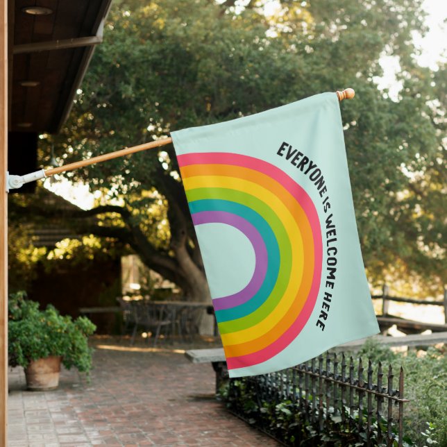 Everyone is Welcome Here Rainbow House Flag (In SItu)