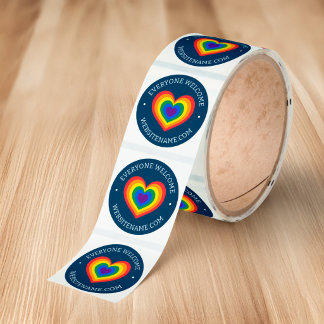 Everyone Welcome LGBTQ Rainbow Heart Navy Blue Classic Round Sticker