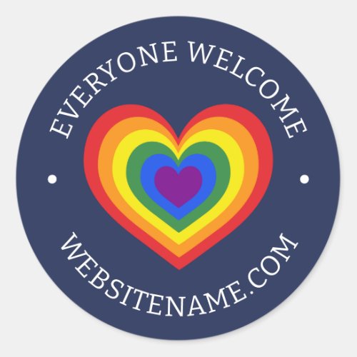 Everyone Welcome LGBTQ Rainbow Heart Website Navy Classic Round Sticker