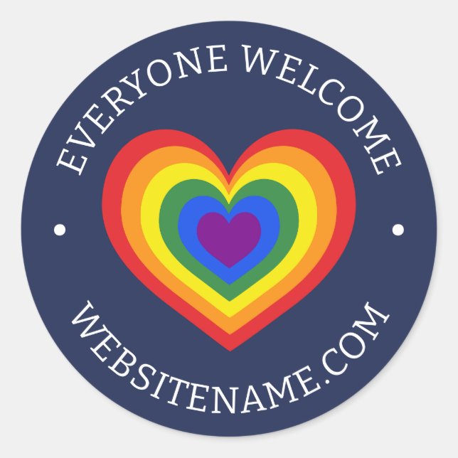 Everyone Welcome LGBTQ Rainbow Heart Website Navy Classic Round Sticker (Front)