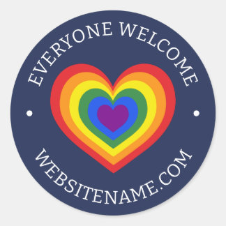 Everyone Welcome LGBTQ Rainbow Heart Website Navy Classic Round Sticker