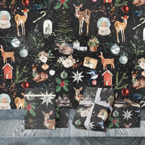 Everything Christmas Reindeer Holly Stars Black Wrapping Paper