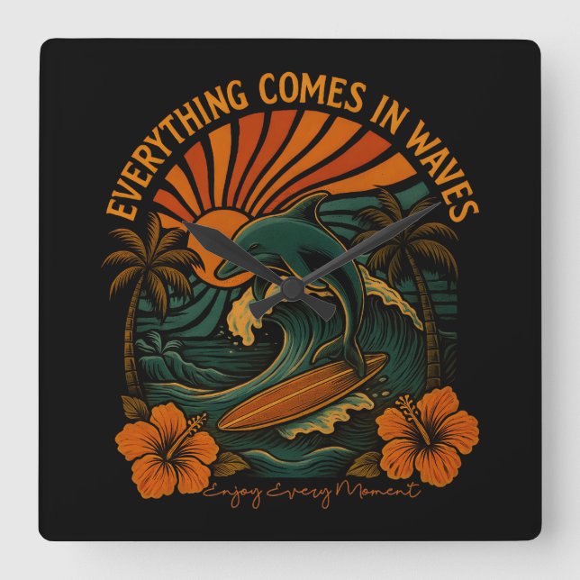 Everything Comes In Waves Retro Square Wall Clock (Front)